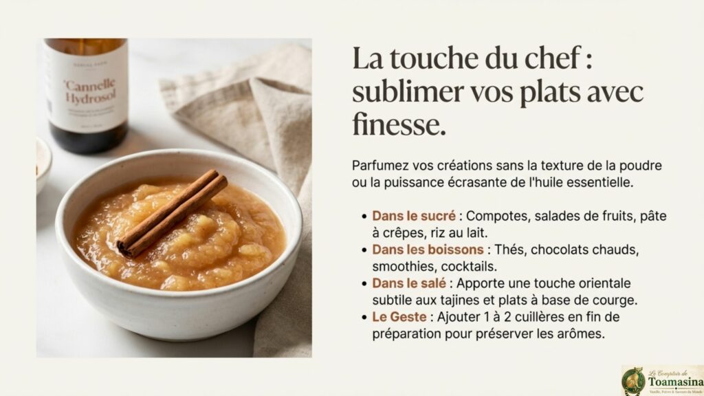 Comment intégrer l'hydrolat de cannelle en cuisine