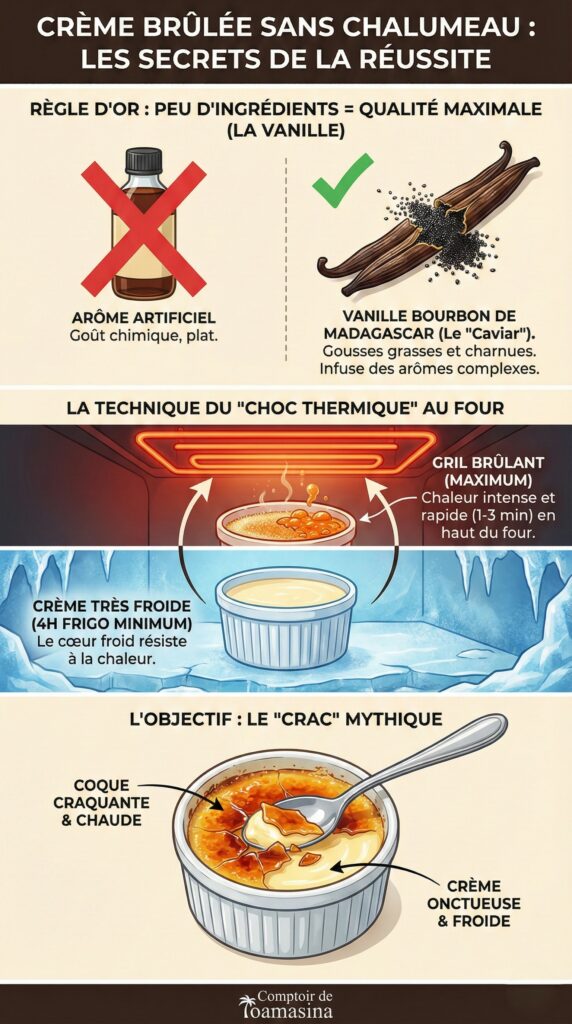 Découvrez comment faire une crème brûlée (sans chalumeau) La technique du four et l'importance de la vanille.
