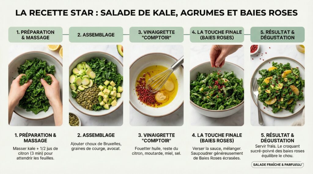 La Recette Star Salade de Kale, Agrumes et Baies Roses