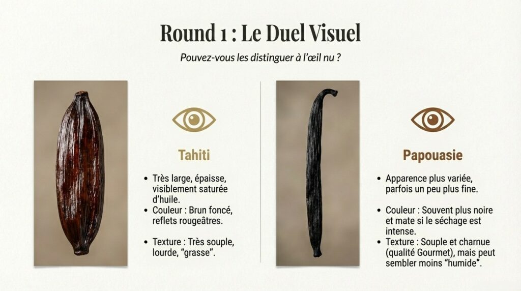 duel visuel entre vanille tahitensis de Papouasie et Tahiti