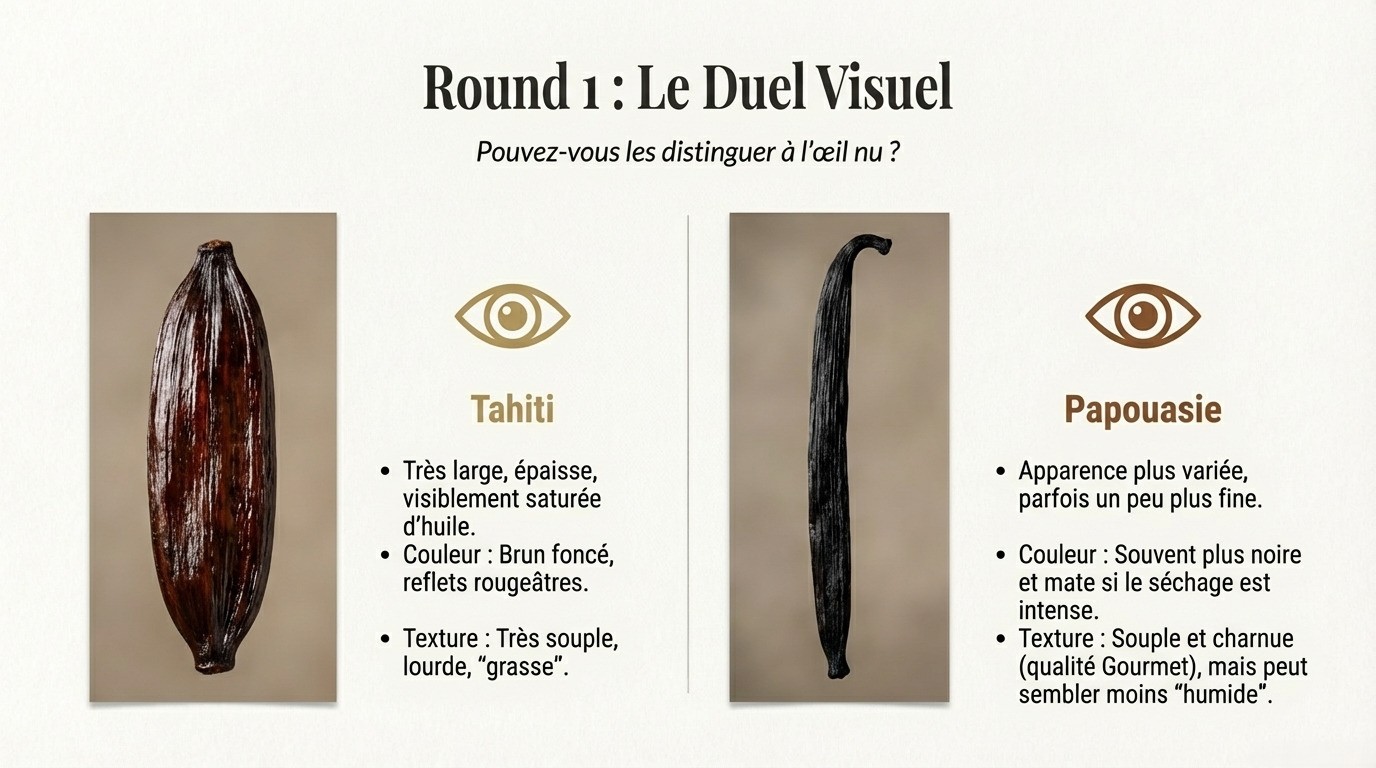 Duel visuel entre la vanille tahitensis de Papouasie et la vanille de Tahiti