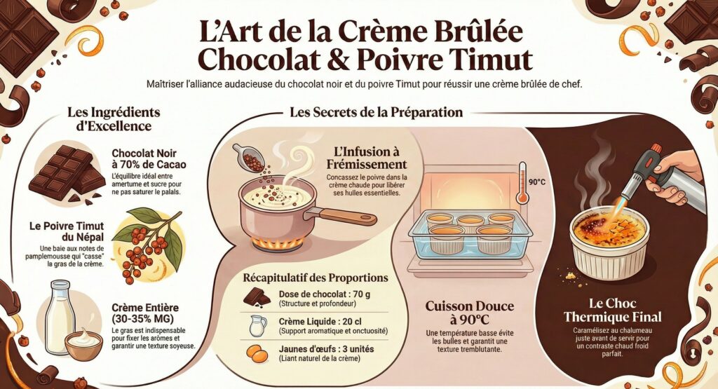 Ma crème brûlée au chocolat noir et à la baie de Timut : le caramel qui craque, la fraîcheur des agrumes en finale.