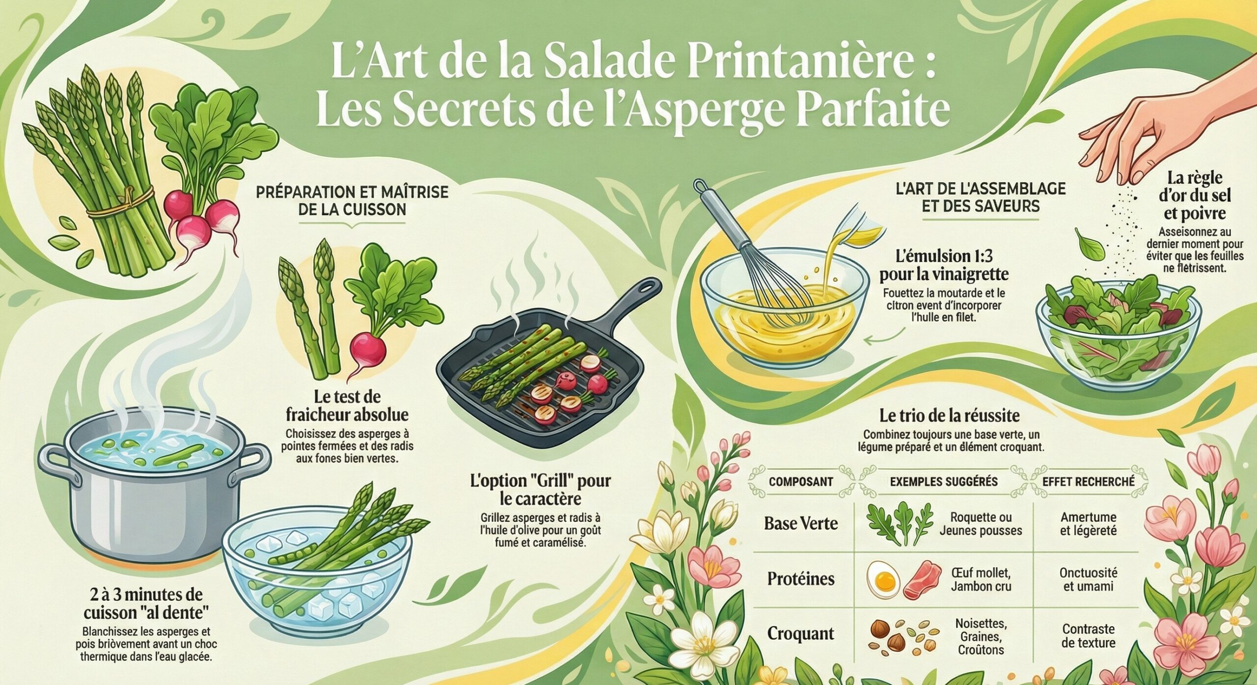 Salade de printemps aux asperges une recette salade fraîcheur pour griller radis et jeunes pousses aux éclats de noisette, parmesan et jambon