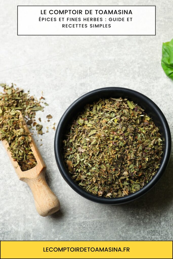 Épices et fines herbes aromatiques disposées côte à côte