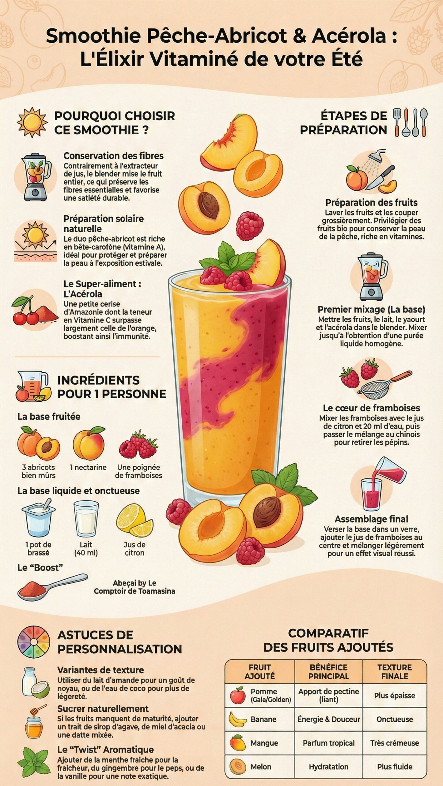 Recette de smoothie pêche abricot à l'acérola