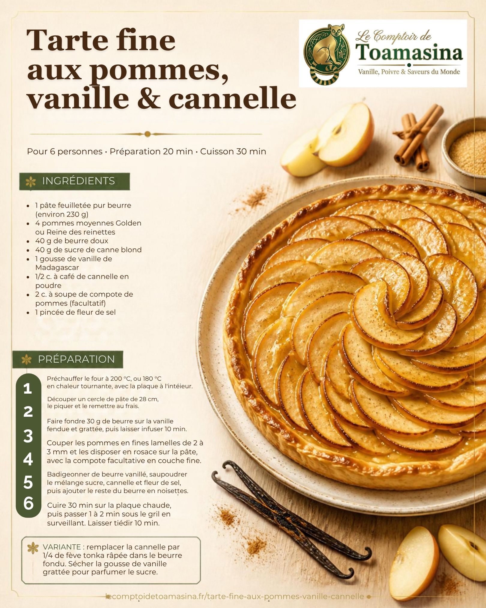 Infographie de la recette de la tarte fine aux pommes à la vanille et à la cannelle