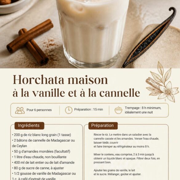 Infographie de la recette de l'horchata maison à la vanille et à la cannelle