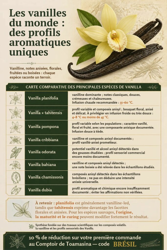 Carte comparative des vanilles du monde : planifolia, tahitensis, pompona, cribbiana et leurs températures d'infusion